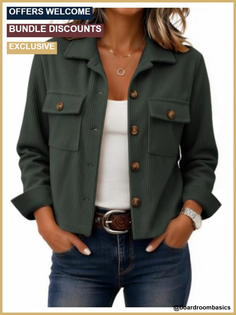 Corduroy Cropped Button Down Shacket Long Sleeve Casual Jacket